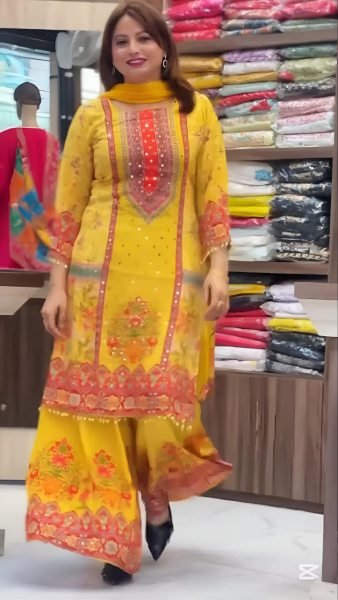 Delightful Yellow Designer Chinnon Silk Mirror Work Plazzo Set for Festival Wear Printed Kurtis