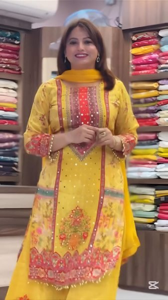 Delightful Yellow Designer Chinnon Silk Mirror Work Plazzo Set for Festival Wear Printed Kurtis