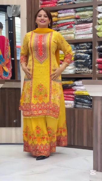 Delightful Yellow Designer Chinnon Silk Mirror Work Plazzo Set for Festival Wear Printed Kurtis