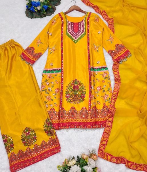 Delightful Yellow Designer Chinnon Silk Mirror Work Plazzo Set for Festival Wear Printed Kurtis