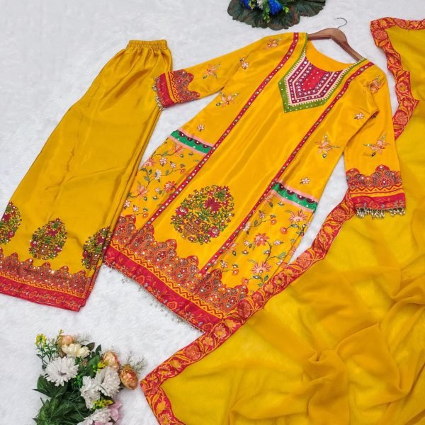 Delightful Yellow Designer Chinnon Silk Mirror Work Plazzo Set for Festival Wear Printed Kurtis