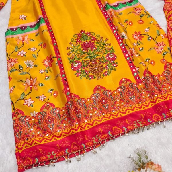 Delightful Yellow Designer Chinnon Silk Mirror Work Plazzo Set for Festival Wear Printed Kurtis