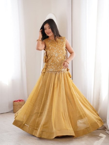 Delightful Yellow Gold Salsa Crush Lehenga Choli with Zari Sequins Koti for Garba Events 