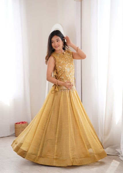Delightful Yellow Gold Salsa Crush Lehenga Choli with Zari Sequins Koti for Garba Events Designer Lehenga Choli