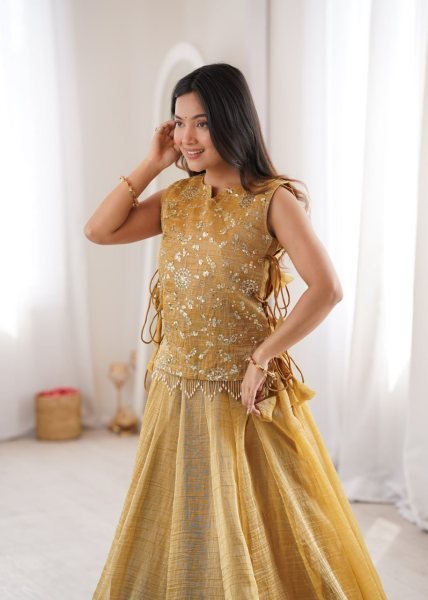 Delightful Yellow Gold Salsa Crush Lehenga Choli with Zari Sequins Koti for Garba Events Designer Lehenga Choli