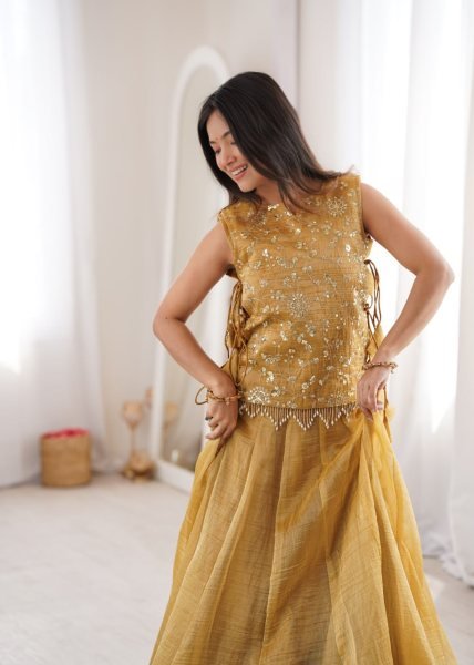 Delightful Yellow Gold Salsa Crush Lehenga Choli with Zari Sequins Koti for Garba Events Designer Lehenga Choli