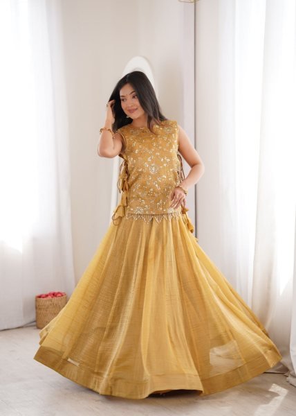 Delightful Yellow Gold Salsa Crush Lehenga Choli with Zari Sequins Koti for Garba Events Designer Lehenga Choli
