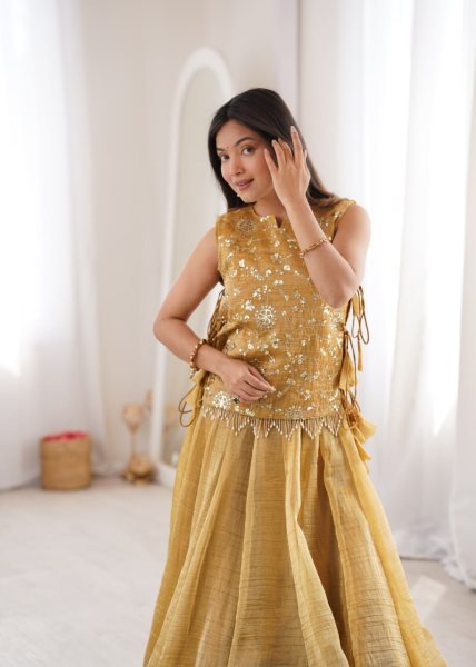 Delightful Yellow Gold Salsa Crush Lehenga Choli with Zari Sequins Koti for Garba Events Designer Lehenga Choli