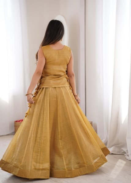 Delightful Yellow Gold Salsa Crush Lehenga Choli with Zari Sequins Koti for Garba Events Designer Lehenga Choli