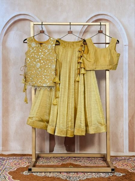 Delightful Yellow Gold Salsa Crush Lehenga Choli with Zari Sequins Koti for Garba Events Designer Lehenga Choli