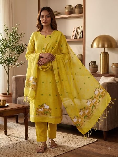 Delightful Yellow Pichwai Woven Muga Cotton Suit Material with Matching Tussel Dupatta Dress Material 