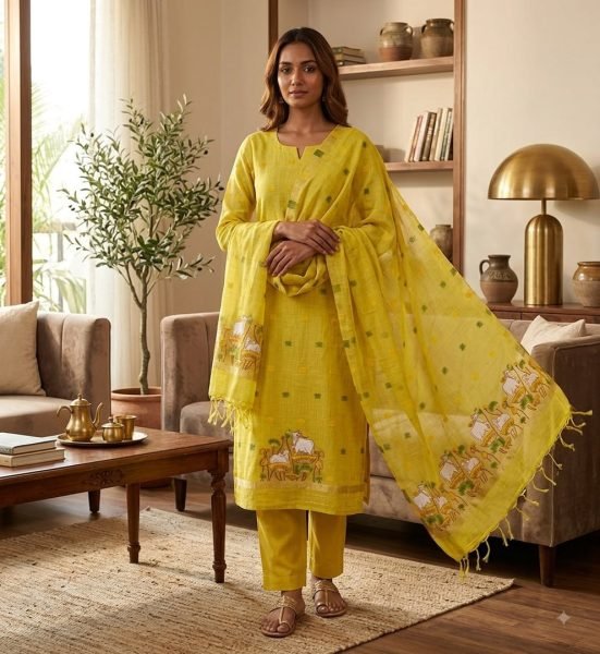 Delightful Yellow Pichwai Woven Muga Cotton Suit Material with Matching Tussel Dupatta Color Set Matching Dress Material Wholesale