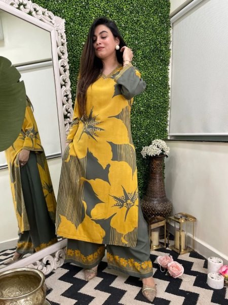 Delightful Yellow Printed Top Pant Set for Summer Collection Kurtis
