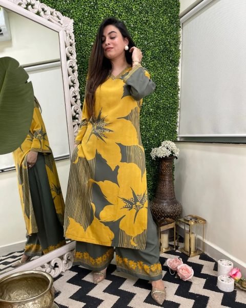 Delightful Yellow Printed Top Pant Set for Summer Collection Kurti With Bottom Wholesale