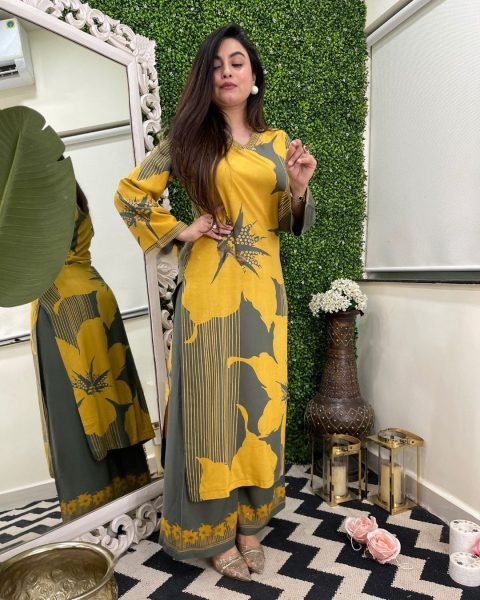 Delightful Yellow Printed Top Pant Set for Summer Collection Kurti With Bottom Wholesale