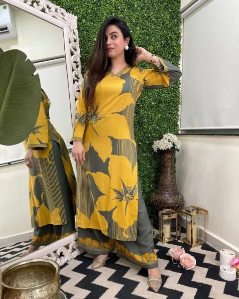 Delightful Yellow Printed Top Pant Set for Summer Collection Kurti With Bottom Wholesale