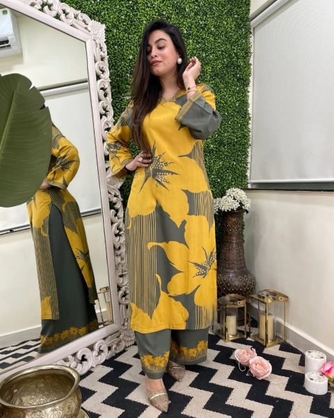 Delightful Yellow Printed Top Pant Set for Summer Collection Kurti With Bottom Wholesale