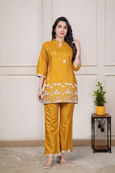 Delightful Yellow Rayon Co Ord Set with Elegant Embroidery Work for Women Casual and Office Wear CO ORD Sets