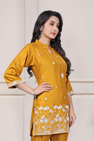 Delightful Yellow Rayon Co Ord Set with Elegant Embroidery Work for Women Casual and Office Wear CO ORD Sets