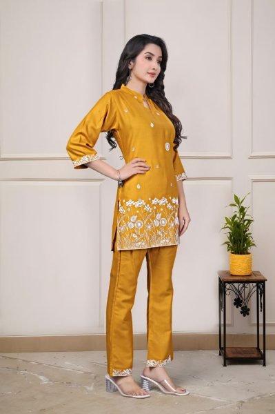 Delightful Yellow Rayon Co Ord Set with Elegant Embroidery Work for Women Casual and Office Wear CO ORD Sets