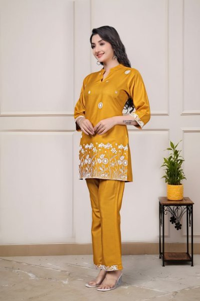 Delightful Yellow Rayon Co Ord Set with Elegant Embroidery Work for Women Casual and Office Wear CO ORD Sets