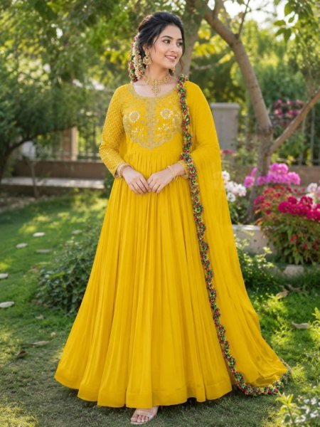 Delightful Yellow Soft Georgette Sequins Embroidery Gown with Matching Voni for Women Wedding Wear Kurtis