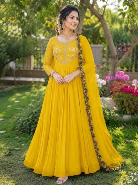 Delightful Yellow Soft Georgette Sequins Embroidery Gown with Matching Voni for Women Wedding Wear Anarkali Kurtis 