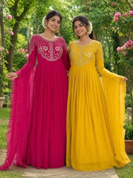 Delightful Yellow Soft Georgette Sequins Embroidery Gown with Matching Voni for Women Wedding Wear Anarkali Kurtis 