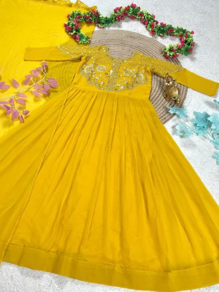 Delightful Yellow Soft Georgette Sequins Embroidery Gown with Matching Voni for Women Wedding Wear Anarkali Kurtis 