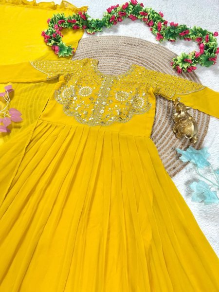 Delightful Yellow Soft Georgette Sequins Embroidery Gown with Matching Voni for Women Wedding Wear Anarkali Kurtis 