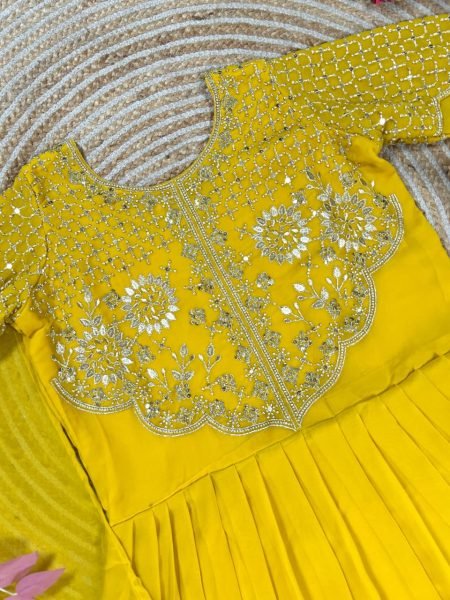 Delightful Yellow Soft Georgette Sequins Embroidery Gown with Matching Voni for Women Wedding Wear Anarkali Kurtis 