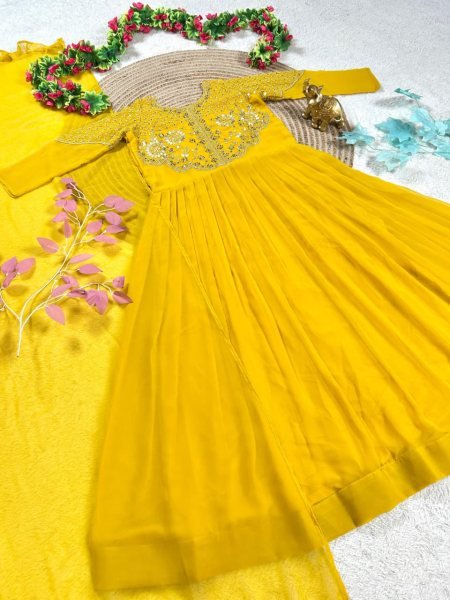 Delightful Yellow Soft Georgette Sequins Embroidery Gown with Matching Voni for Women Wedding Wear Anarkali Kurtis 