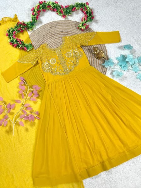 Delightful Yellow Soft Georgette Sequins Embroidery Gown with Matching Voni for Women Wedding Wear Anarkali Kurtis 