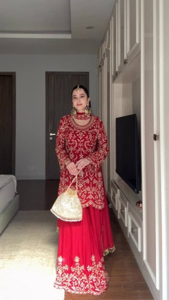 Desi aesthetic Red Faux Georgette Heavy Work Kurti With Sharara And Dupatta For Festive Season Ready To Wear Collection