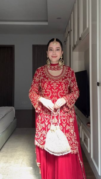Desi aesthetic Red Faux Georgette Heavy Work Kurti With Sharara And Dupatta For Festive Season Ready To Wear Collection