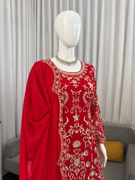 Desi aesthetic Red Faux Georgette Heavy Work Kurti With Sharara And Dupatta For Festive Season Ready To Wear Collection