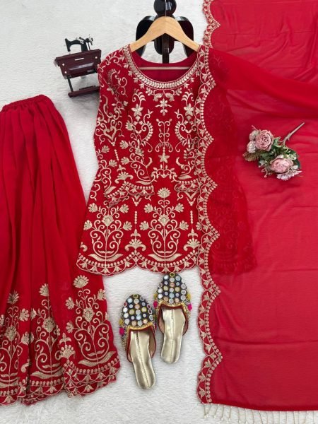 Desi aesthetic Red Faux Georgette Heavy Work Kurti With Sharara And Dupatta For Festive Season Ready To Wear Collection