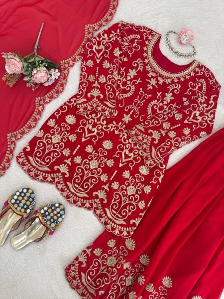 Desi aesthetic Red Faux Georgette Heavy Work Kurti With Sharara And Dupatta For Festive Season Ready To Wear Collection