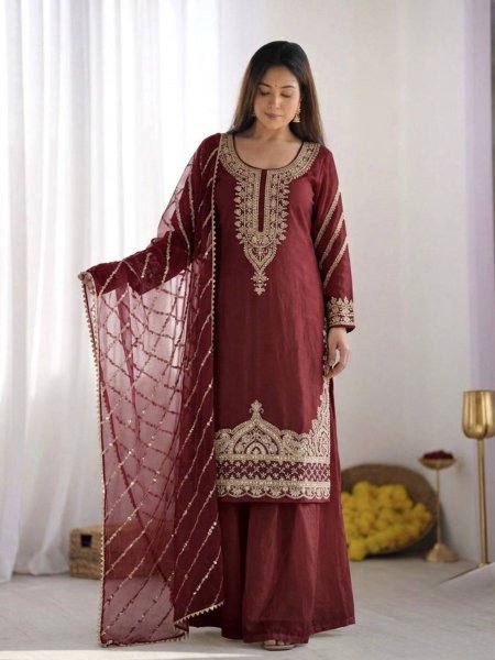 Desi Festive Vibes Maroon Pure Fendy Silk Kurti Ethnic Wear Sharara With Lace Border Dupatta Ready To Wear Suit