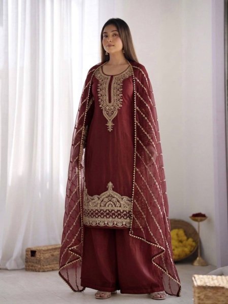 Desi Festive Vibes Maroon Pure Fendy Silk Kurti Ethnic Wear Sharara With Lace Border Dupatta Ready To Wear Collection
