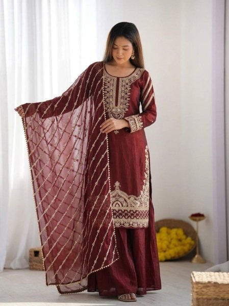 Desi Festive Vibes Maroon Pure Fendy Silk Kurti Ethnic Wear Sharara With Lace Border Dupatta Ready To Wear Collection