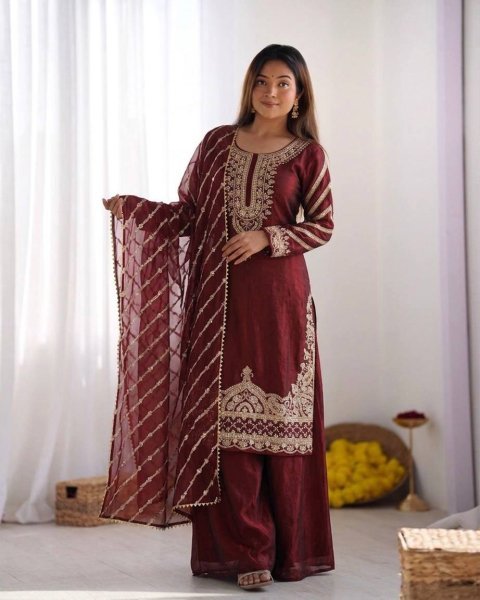Desi Festive Vibes Maroon Pure Fendy Silk Kurti Ethnic Wear Sharara With Lace Border Dupatta Ready To Wear Collection