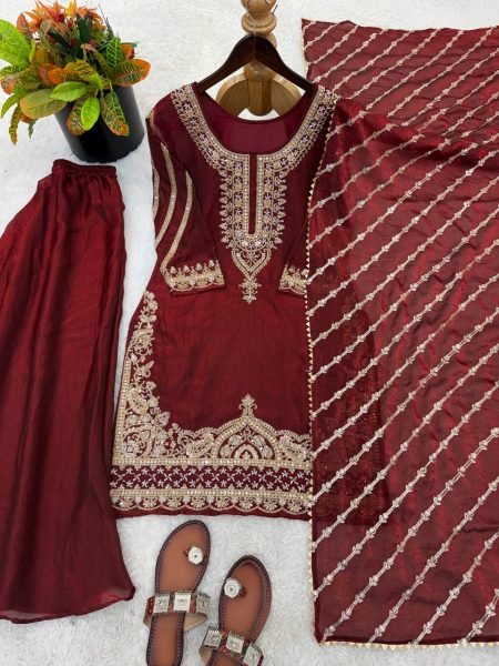 Desi Festive Vibes Maroon Pure Fendy Silk Kurti Ethnic Wear Sharara With Lace Border Dupatta Ready To Wear Collection