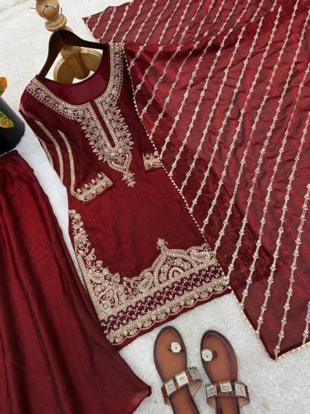 Desi Festive Vibes Maroon Pure Fendy Silk Kurti Ethnic Wear Sharara With Lace Border Dupatta Ready To Wear Collection