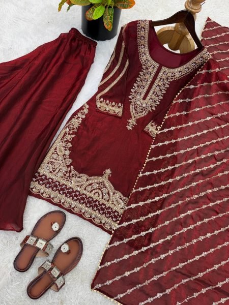 Desi Festive Vibes Maroon Pure Fendy Silk Kurti Ethnic Wear Sharara With Lace Border Dupatta Ready To Wear Collection