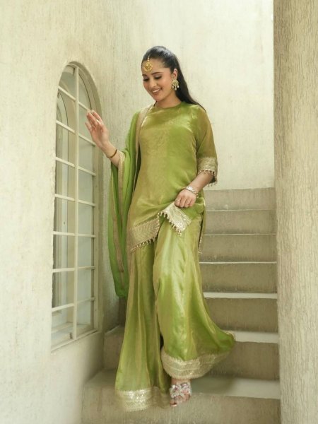 Desi Style Pista Green Women Ethnic Wear Fendy Silk Kurti Palazzo Set With Dupatta 