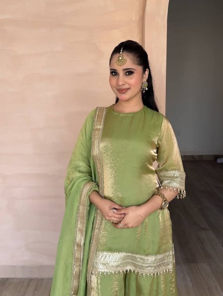 Desi Style Pista Green Women Ethnic Wear Fendy Silk Kurti Palazzo Set With Dupatta Ready To Wear Collection