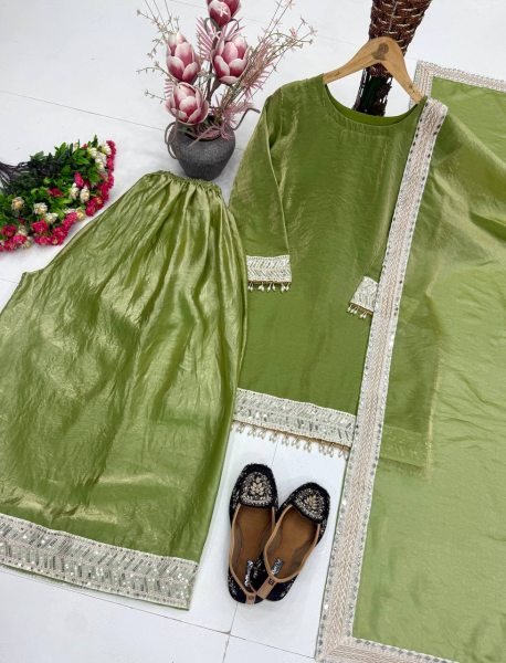 Desi Style Pista Green Women Ethnic Wear Fendy Silk Kurti Palazzo Set With Dupatta Ready To Wear Collection