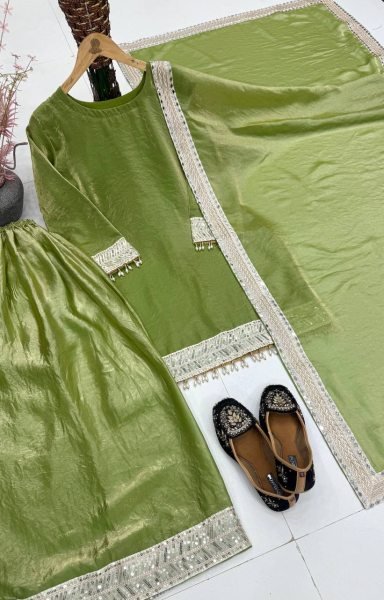 Desi Style Pista Green Women Ethnic Wear Fendy Silk Kurti Palazzo Set With Dupatta Ready To Wear Collection