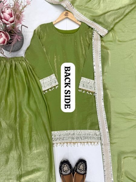 Desi Style Pista Green Women Ethnic Wear Fendy Silk Kurti Palazzo Set With Dupatta Ready To Wear Collection